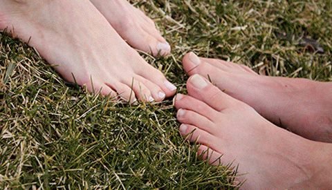 Bare feet standing on green grass